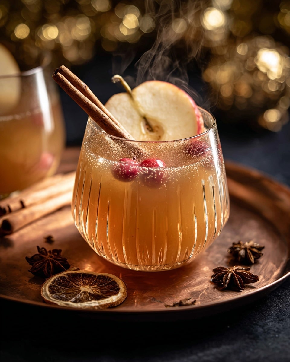 A short clear ribbed glass filled with a light brown fizzy drink with small red seeds floating inside, topped with a thin round slice of pear dusted with cinnamon powder and a dark cinnamon stick standing upright inside the drink. The glass sits on a large shiny bronze-colored surface surrounded by cinnamon sticks and two half pear slices with star anise in the middle on the right and left sides. There is a small sprinkle of cinnamon powder near the front edge of the surface, and the soft warm light highlights the glass and spices against a blurred dark background. Photo taken with an iphone --ar 4:5 --v 7