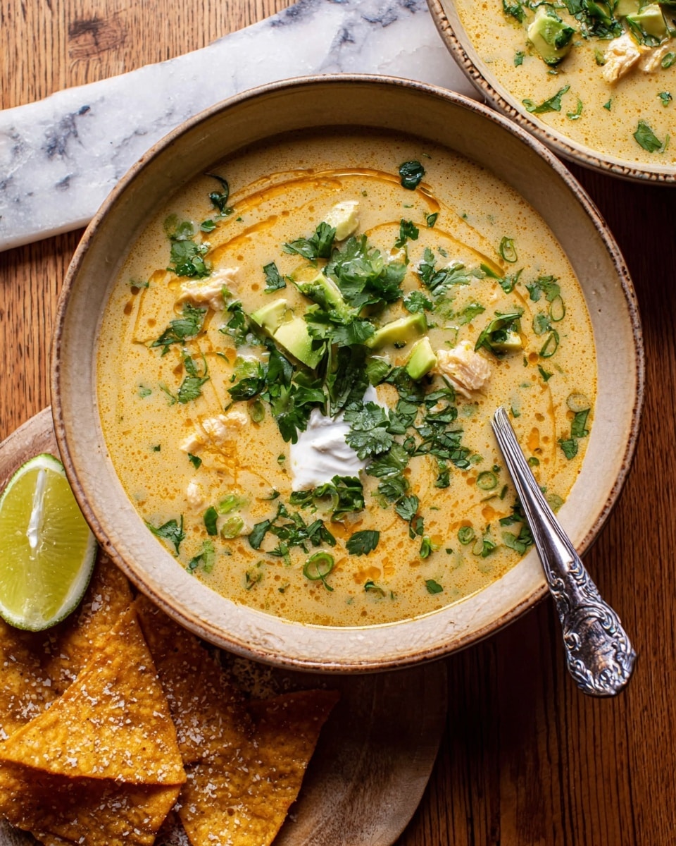 A creamy soup fills a light beige bowl with subtle patterns on the edge, showing a rich orange swirl on top. The soup has pieces of avocado slices and a dollop of white sour cream near the edge. Fresh green chopped scallions and cilantro cover much of the soup's surface. A silver spoon with a detailed handle rests on the right edge inside the bowl, partially submerged in the soup. Next to the bowl, on a wooden surface, are several golden brown crispy tortilla chips sprinkled with coarse salt and a wedge of lemon. The background has a white marbled texture beneath the wooden part. Photo taken with an iphone --ar 4:5 --v 7