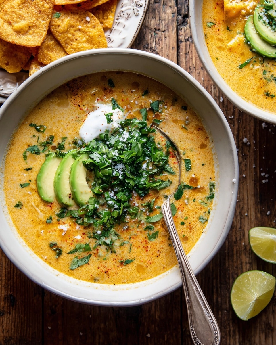 A white bowl holds a creamy soup with a light orange color and a slightly oily surface. Inside the soup, there are small green herbs and thin slices of green onions floating on top. On one side of the bowl, there are green avocado slices and a dollop of white cream. Golden crispy chips are arranged on the wooden table next to the bowl, some sprinkled with salt. A silver spoon with engraved details rests inside the bowl, partially submerged in the soup. A lemon wedge is placed near the bowl, and the background is a white marbled surface. photo taken with an iphone --ar 4:5 --v 7
