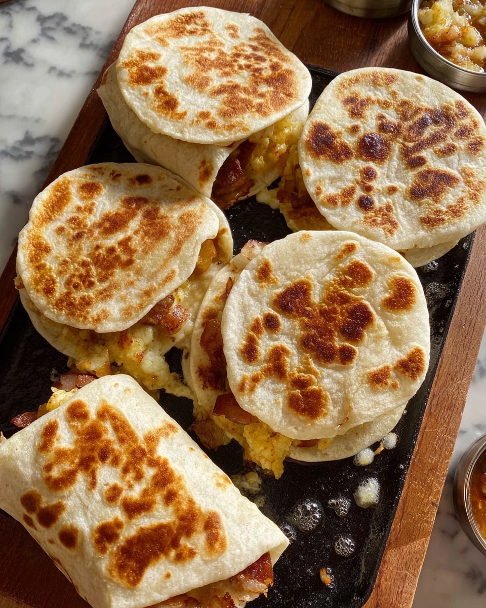 Seven small folded burritos are cooking on a dark flat pan. Each burrito has a soft white tortilla with golden brown patches where it has toasted. The burritos are placed randomly close together, showing a smooth yet slightly puffy texture. The surrounding pan surface has small oil droplets and a shiny look, contrasting with the warm toasted spots on the burritos. The background features a white marbled texture. photo taken with an iphone --ar 4:5 --v 7