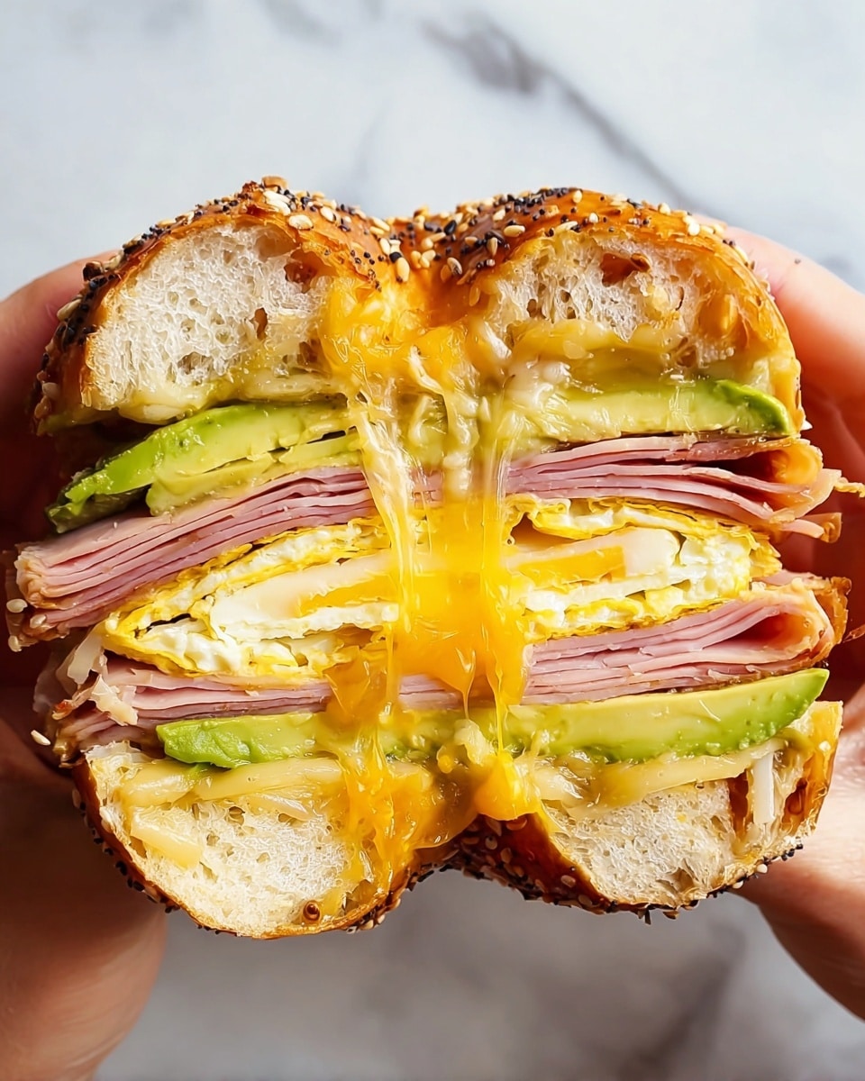 A sandwich held by a woman's hands shows many layers inside a white sesame seed bagel. The top layer is toasted bagel with a golden brown crust and sesame seeds. Below it is a layer of pink ham, followed by thick, melted yellow cheddar cheese stretching in strings. Under the cheese, there is a golden cooked fried egg, then a green layer of sliced avocado. Below the avocado, another fried egg layer appears, topped by more melted cheddar cheese and another slice of ham. The bagel bottom is golden brown with sesame seeds. The background is white marbled texture. Photo taken with an iphone --ar 4:5 --v 7