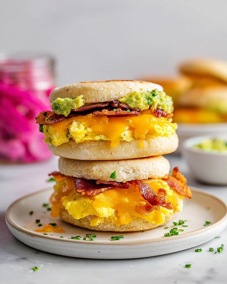 This image shows a sandwich on a white round plate with a white marbled surface. The sandwich has four layers inside a toasted English muffin with a light beige color and a slightly rough texture from cornmeal dusting. The bottom layer is a melted, bright orange cheddar cheese slice. Above that is a fluffy, yellow scrambled egg layer with a soft texture and small black pepper specks. Next is a crispy bacon strip with a dark red and shiny surface, topped with a chunky green guacamole spread sprinkled with small green chives pieces. Some chopped chives also lay on the plate around the sandwich. Photo taken with an iphone --ar 4:5 --v 7