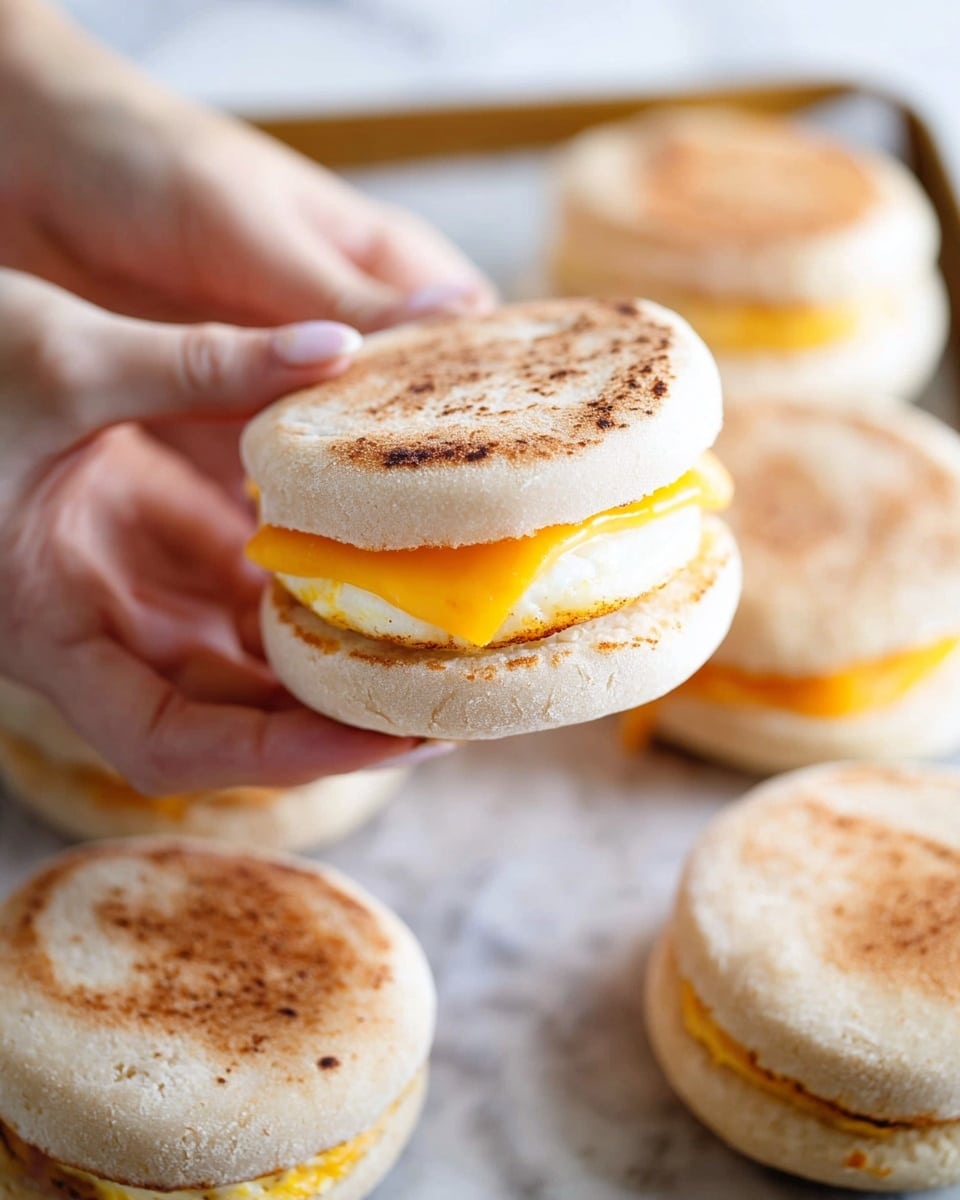 A toasted English muffin sandwich held by a woman's hands shows three layers: the top and bottom muffin are light golden brown with a soft, slightly rough texture, inside there is a round, white cooked egg with a light brown edge, and a melted bright orange cheese slice between the egg and the muffin base; in the background, more of these sandwiches rest on a white marbled textured grill tray. photo taken with an iphone --ar 4:5 --v 7