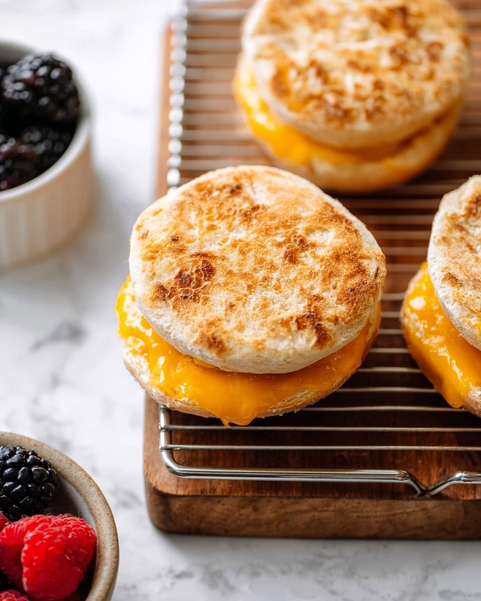 The image shows three toasted English muffins with one visible layer of bright orange melted cheese peeking out between the top and bottom halves of each muffin. The muffins have a golden-brown toasted texture on top, with a slightly rough surface and soft edges. They are placed on a metal cooling rack on a wooden board, all set on a white marbled surface. A white bowl with blackberries and one red raspberry is partly visible on the edge of the frame. photo taken with an iphone --ar 4:5 --v 7