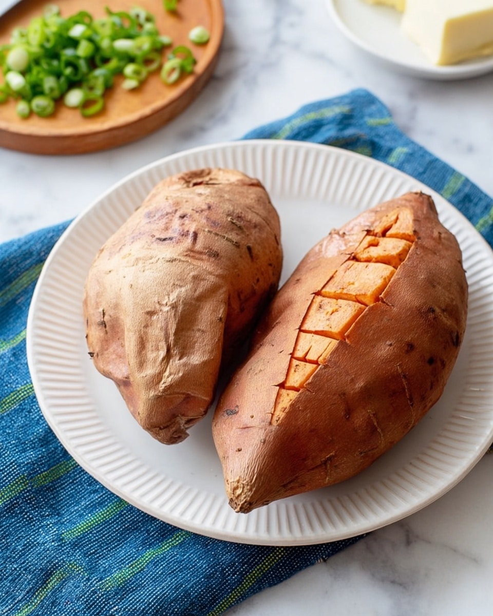 Two baked sweet potatoes with light brown and reddish-brown skin sit side by side on a white plate with soft ridges. Both sweet potatoes show small browned slits on their skin, indicating they were pierced before baking. The plate rests on a blue cloth with subtle green lines, all placed on a white marbled surface. In the background, parts of a wooden plate with chopped green onions and a white dish with butter are slightly visible. Photo taken with an iphone --ar 4:5 --v 7