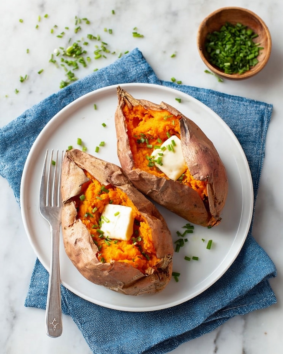 Two baked sweet potatoes are placed on a white plate, each with the skin intact and slightly cracked open in the center. Inside the cracks, bright orange soft sweet potato flesh is visible, topped with a small square of melting white butter. Fresh green chopped chives are sprinkled over the sweet potatoes and a few are scattered on the white plate. The plate is resting on a blue cloth napkin, all set on a white marbled surface. Photo taken with an iphone --ar 4:5 --v 7