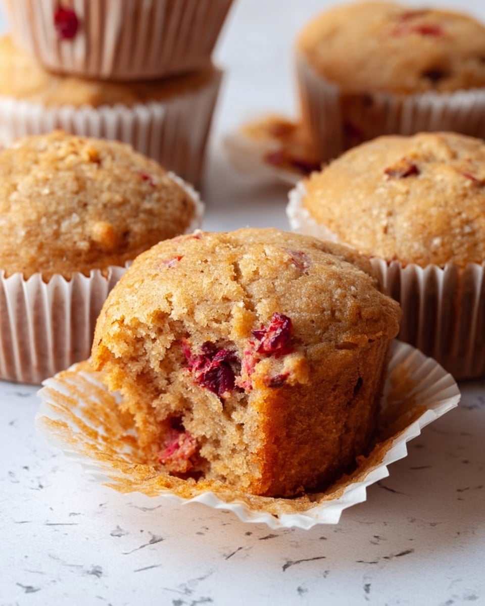 The image shows several golden brown muffins with a soft, crumbly texture placed on a white marbled surface. The muffin in the center is partially unwrapped, revealing bits of red berries and small chunks inside. The muffins have a slightly domed top with a light, grainy surface and are arranged casually, with others fully wrapped in white paper liners in the background. The overall look is warm and inviting, highlighting the natural colors and uneven texture of the baked muffins. Photo taken with an iphone --ar 4:5 --v 7