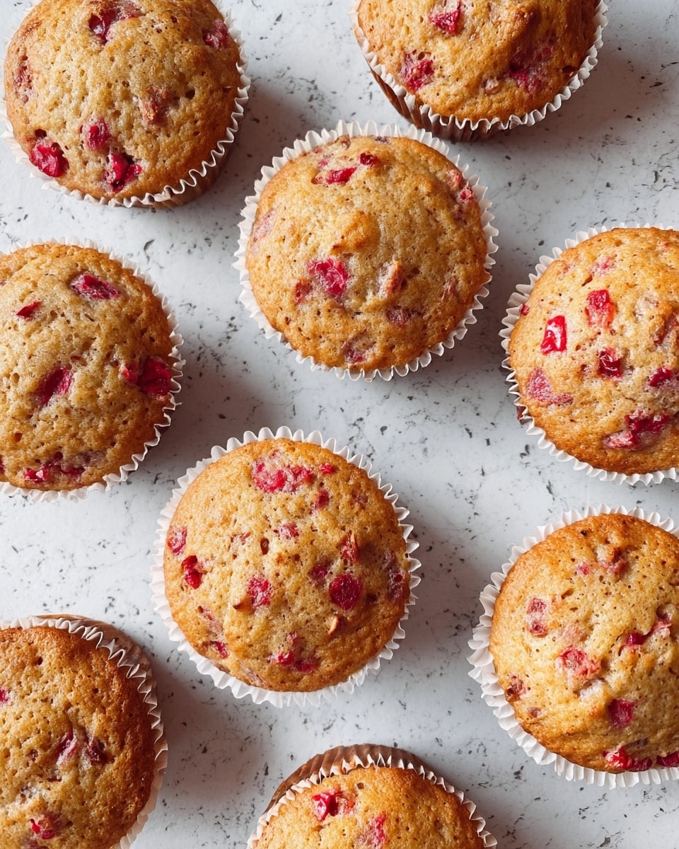 Several small muffins are arranged on a white marbled surface, each in a white paper liner. The muffins have a light brown color with darker spots and visible pieces of red fruit or berry mixed within the batter. The tops are slightly rounded and textured, showing the moisture and softness inside. The muffins are spread out evenly, filling the frame with natural light shining on them. photo taken with an iphone --ar 4:5 --v 7