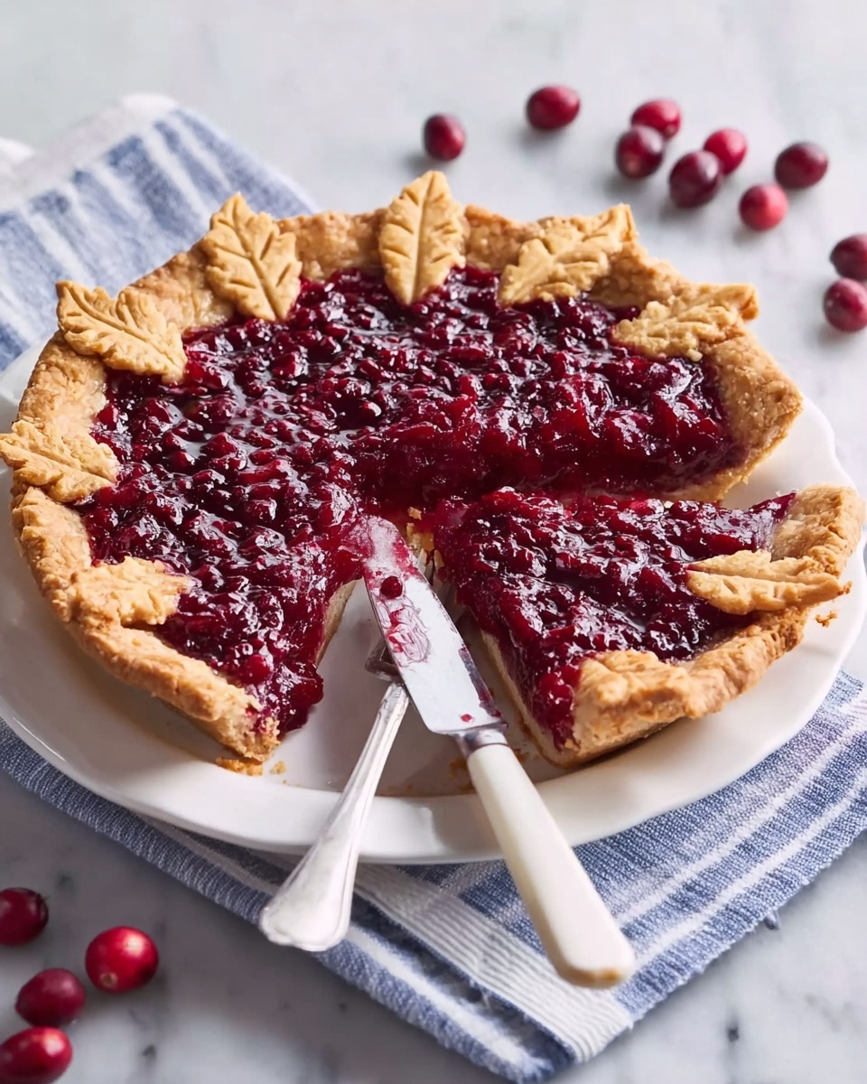 A round pie with a golden-brown crust decorated with small leaf shapes on the edges sits on a white plate. The filling is a thick, deep red berry mixture, slightly shiny, and textured with small seeds, giving it a rich look. One slice is cut out and slightly separated, showing the even layer of filling inside, while a knife with a white handle rests across the slice. The plate is on a white marbled surface with a blue and white striped cloth partially under it, and a few scattered whole red berries nearby. Photo taken with an iphone --ar 4:5 --v 7
