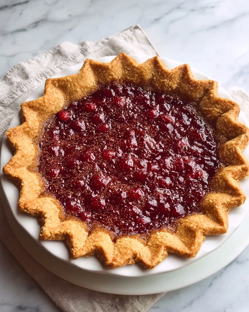The image shows a round pie with one visible layer, placed on a white plate. The outer crust is golden brown with a wavy edge, surrounding a thick, dark red filling with a shiny, slightly textured surface. The pie rests on a white marbled background. photo taken with an iphone --ar 4:5 --v 7