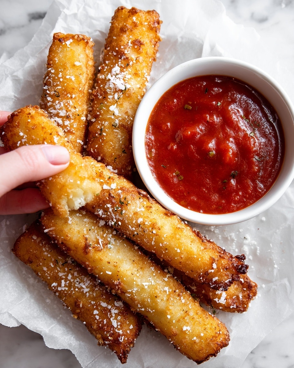 Four golden brown fried sticks with a crispy texture and sprinkled with large salt crystals rest on white parchment paper on a white marbled surface, next to a small white bowl filled with thick red marinara sauce. A woman's hand holds one stick dipped halfway into the sauce, showing a contrast between the crunchy outside and the smooth, vibrant sauce. Photo taken with an iphone --ar 4:5 --v 7