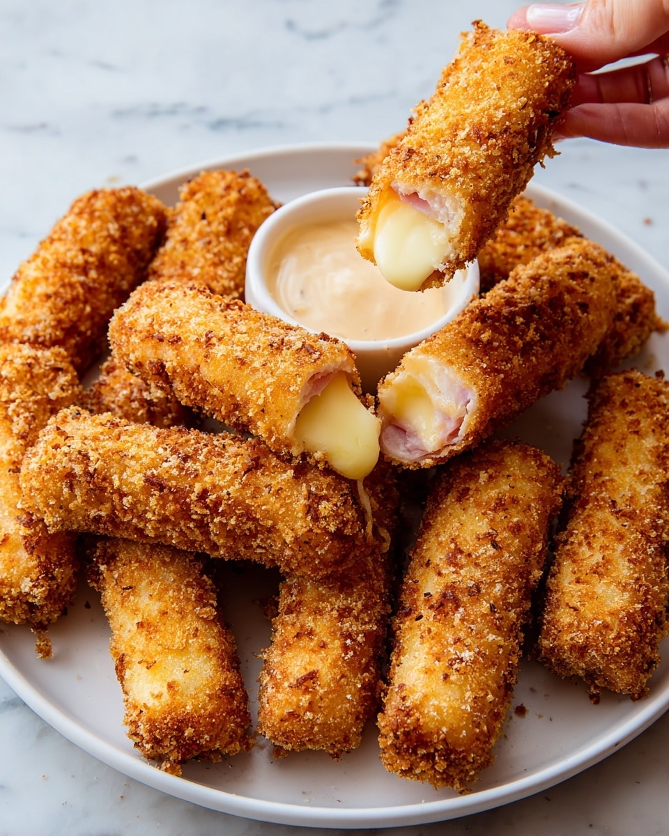 A white plate holds nine golden-brown fried sticks with a rough, crunchy texture covering each piece. One stick is broken open at the bottom center, revealing a soft, light yellow cheese layer wrapped inside a thin pink slice with an outer crispy coating. The plate rests on a white marbled surface. Photo taken with an iphone --ar 4:5 --v 7