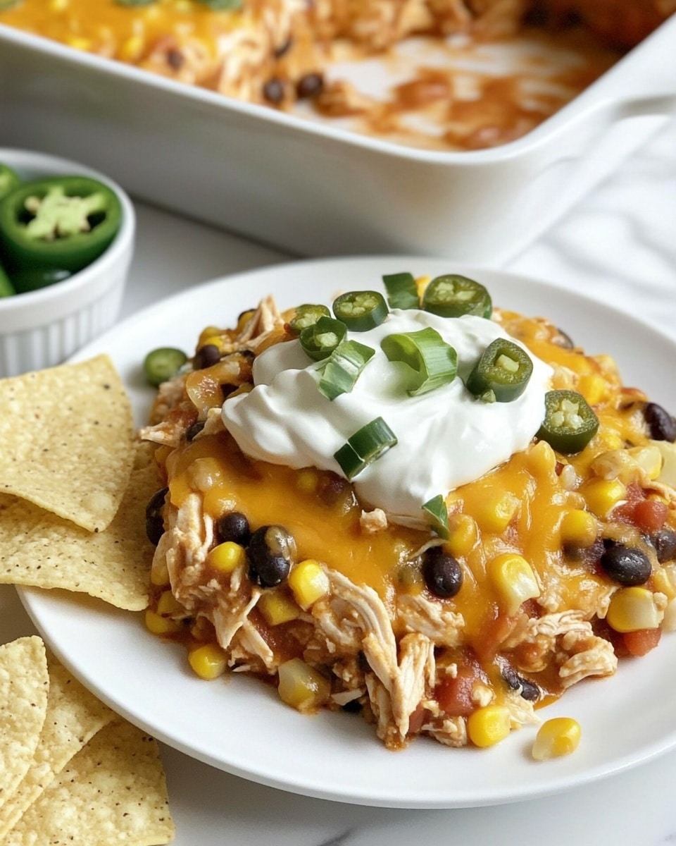 A white plate filled with a layered dish topped with melted yellow and white cheese, mixed black beans, corn, chopped green onions, and pieces of shredded chicken. On top, a layer of white sour cream is drizzled with reddish-brown sauce. To the side, several light beige tortilla chips are placed neatly. In the background, a white rectangular baking dish with the same dish inside and a small white bowl filled with sliced green jalapeño peppers sit on a white marbled surface. Photo taken with an iphone --ar 4:5 --v 6.1