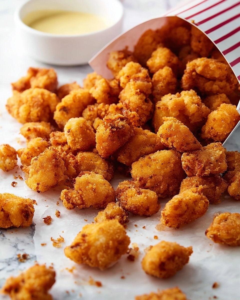 Small golden brown fried popcorn chicken pieces spill out from a white and red striped paper container lying on its side. The crispy pieces have a rough, textured coating with a few darker spots showing their crunchiness. The chicken bits spread across a white marbled surface with scattered small crumbs in between. In the background, part of another white and red striped container is blurred, along with a small white bowl containing a light yellow dipping sauce. Photo taken with an iphone --ar 4:5 --v 7