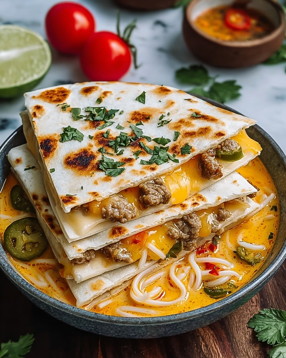 The image shows four thick layers of quesadilla stacked on top of each other, each layer made of a white toasted tortilla filled with melted golden yellow and white cheese mixed with cooked ground beef. The quesadilla edges are slightly crispy and browned, with some cheese oozing out between the layers. The stack is placed on a dark wooden surface with a few small green herbs sprinkled on top and around it. In the blurred background, there are red tomatoes and a small white bowl with salt, all set against a white marbled surface. Photo taken with an iphone --ar 4:5 --v 7