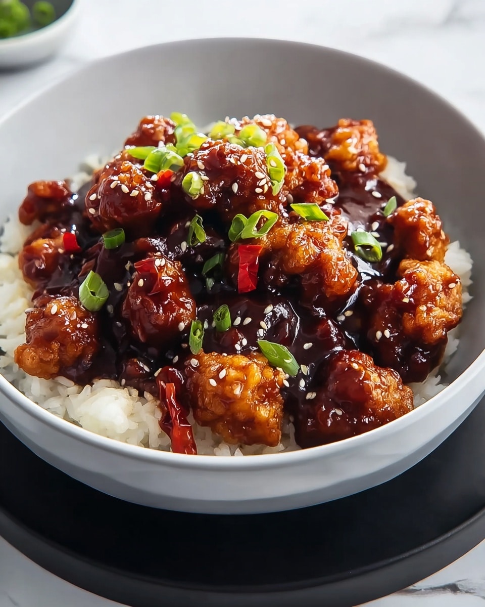 The dish shows a pile of crispy golden-brown fried chicken pieces covered with shiny dark red sauce in a white bowl. The chicken pieces are garnished with bright green sliced spring onions and whole dried red chili peppers scattered on top. The bowl is placed on a black plate, which rests on a white marbled surface, with a blurred background showing some kitchen items. The overall texture looks crunchy and glossy with a mix of warm colors and fresh green accents photo taken with an iphone --ar 4:5 --v 7
