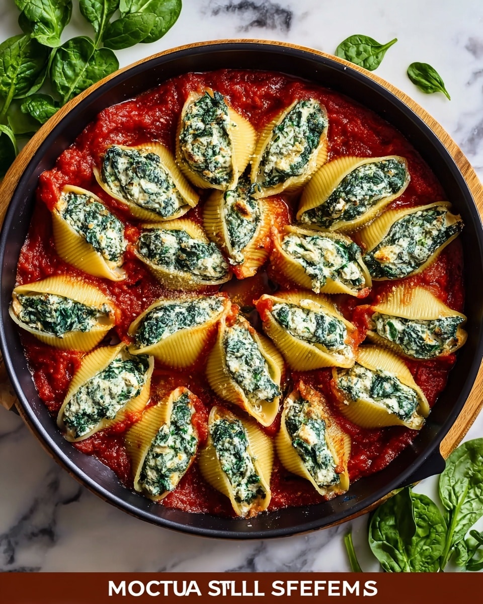The image shows a white round pan filled with stuffed pasta shells arranged in a circular pattern. There are two layers visible: the bottom layer is a rich red tomato sauce spread evenly across the pan, with a slightly chunky texture. On top, there are large pasta shells, each neatly filled with a creamy mix of spinach and ricotta, which is light green and white with a slightly grainy texture from the cheese and spinach bits. The shells are a pale golden color, and the filling looks soft and smooth. The dish is topped with a light sprinkle of grated cheese. The pan is placed on a white marbled surface, and there is a woman's hand holding a fork to the side. Photo taken with an iphone --ar 4:5 --v 7