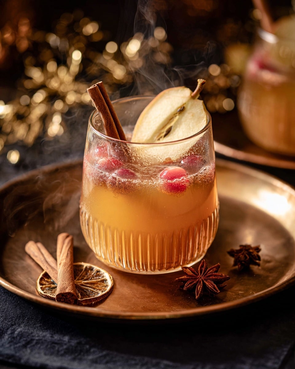 The image shows a short, round clear glass filled with a light brown sparkling drink. Inside the glass, there is a thin slice of apple floating near the top along with small red berries. A dark brown cinnamon stick stands upright in the drink. The glass is placed on a large bronze tray with some cinnamon sticks arranged near it and apple slices with star anise on the side dusted with cinnamon powder. The background is a white marbled texture with warm, soft lighting. Photo taken with an iphone --ar 4:5 --v 7