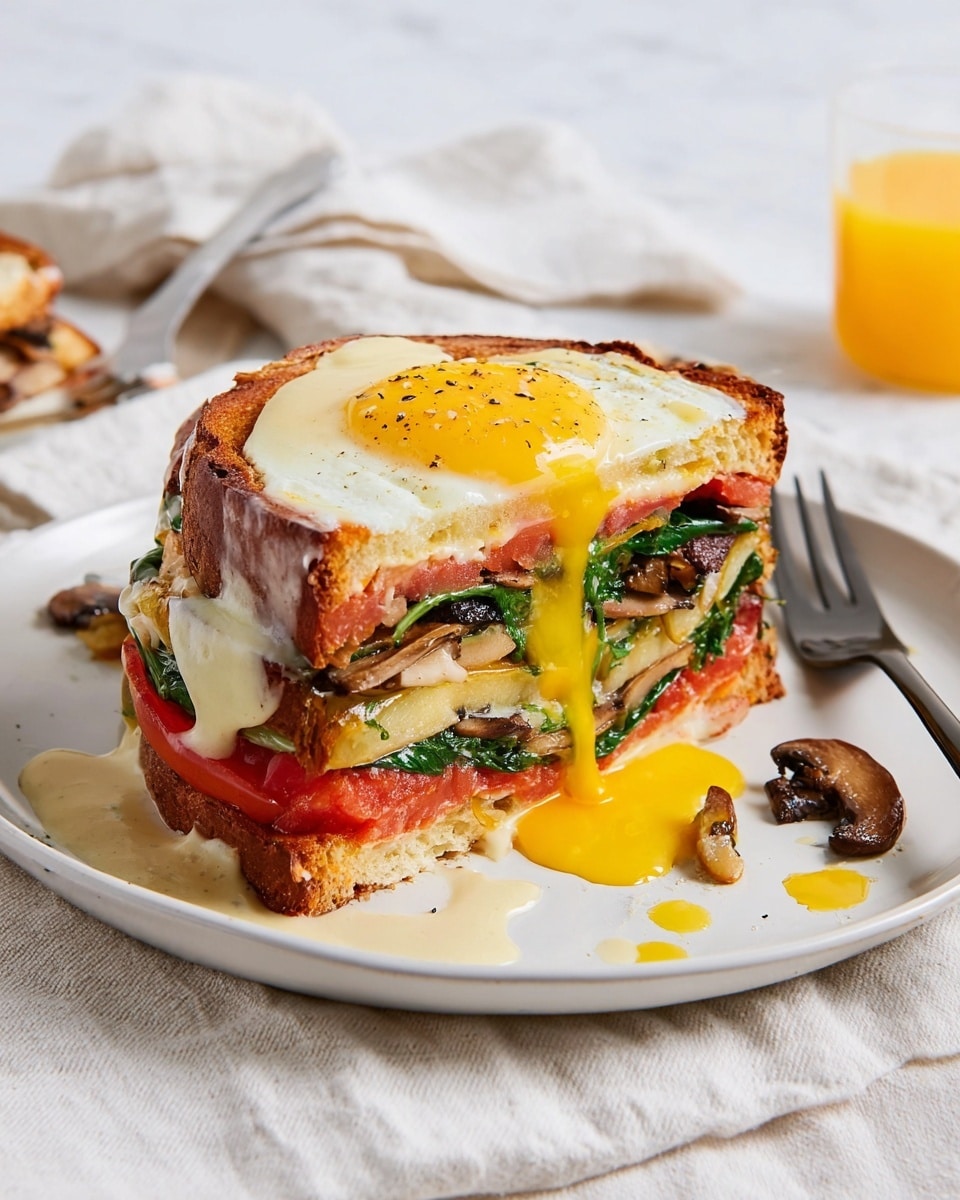 The image shows a sandwich cut in half on a white plate, placed on a white marbled surface. Each half has four main layers: the bottom layer is toasted bread with a golden brown crust, followed by a thick red tomato slice with visible seeds and juice, then green spinach leaves on top of the tomato, and a light yellow thick egg omelette layer above the spinach. On top of the sandwich halves is a fried egg with a bright yellow runny yolk dripping down the sides, and melted white cheese draped over the egg. There are small brown mushroom pieces and green spinach bits scattered on the plate near the sandwich. To the right of the plate is a clear glass of orange juice, and to the left is a knife and fork with light wooden handles resting on a beige cloth. Two small white dishes with salt and pepper are in the background. Photo taken with an iphone --ar 4:5 --v 7