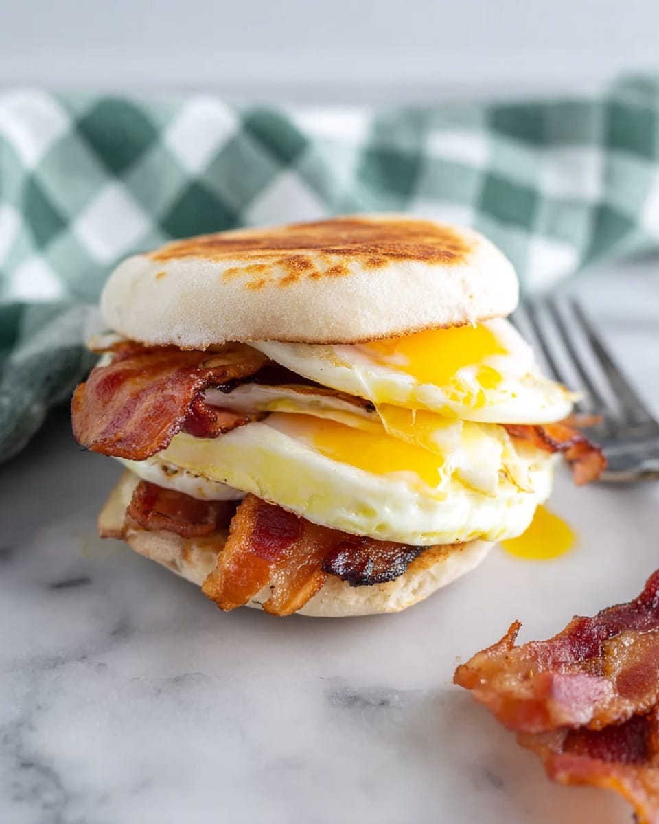 A close-up of a sandwich on a white marbled surface, featuring a white toasted English muffin sliced into two layers. The bottom layer holds two crispy cooked bacon strips with a reddish-brown color, topped by a folded fried egg with white and yellow parts spilling over the edges. The top layer is the other half of the English muffin, slightly browned on the surface, gently resting on the egg and bacon. In the background, a white and green checkered cloth is draped casually, with a silver fork partially visible nearby. Photo taken with an iphone --ar 4:5 --v 7