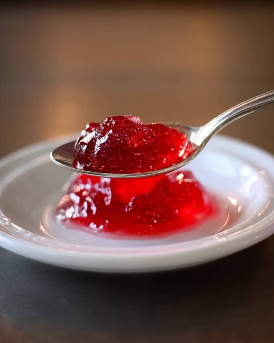 A small white plate holds a silver spoon resting on its edge, with a small amount of bright red jelly piled on the spoon. The jelly is shiny and translucent with a slightly rough texture, showing some small chunks inside. The plate is placed on a blurred brown surface, giving a soft background contrast to the vibrant jelly. photo taken with an iphone --ar 4:5 --v 7