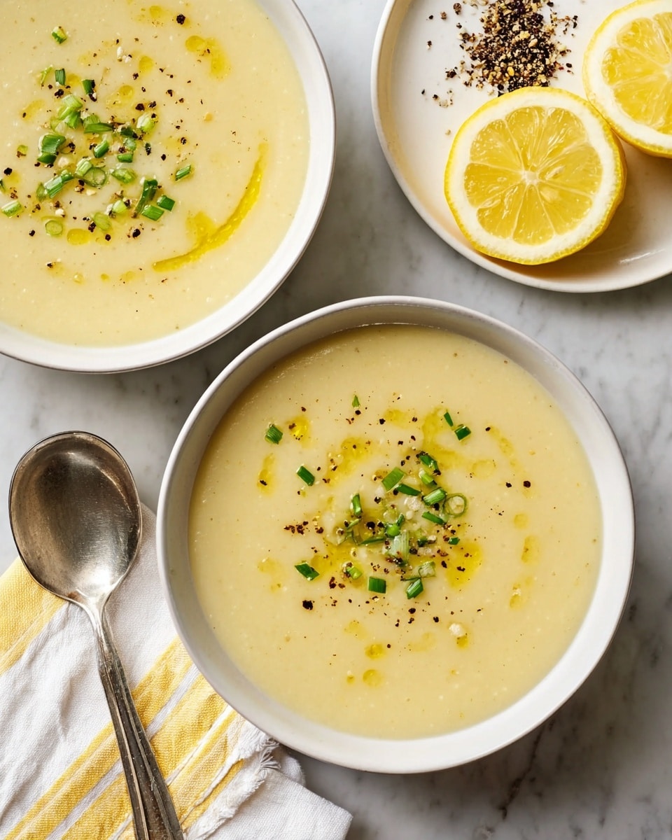 A white bowl filled with a creamy pale yellow soup, smooth in texture. On top of the soup, there are small green chive pieces scattered and a drizzle of olive oil creating subtle shiny spots. A sprinkle of coarse black pepper is spread over the surface, adding contrast. Next to the bowl is a halved lemon with a bright yellow rind. The bowl sits on a white marbled surface, with a white bowl containing black pepper nearby. A yellow and white striped cloth is partially visible under the bowl. Photo taken with an iphone --ar 4:5 --v 7