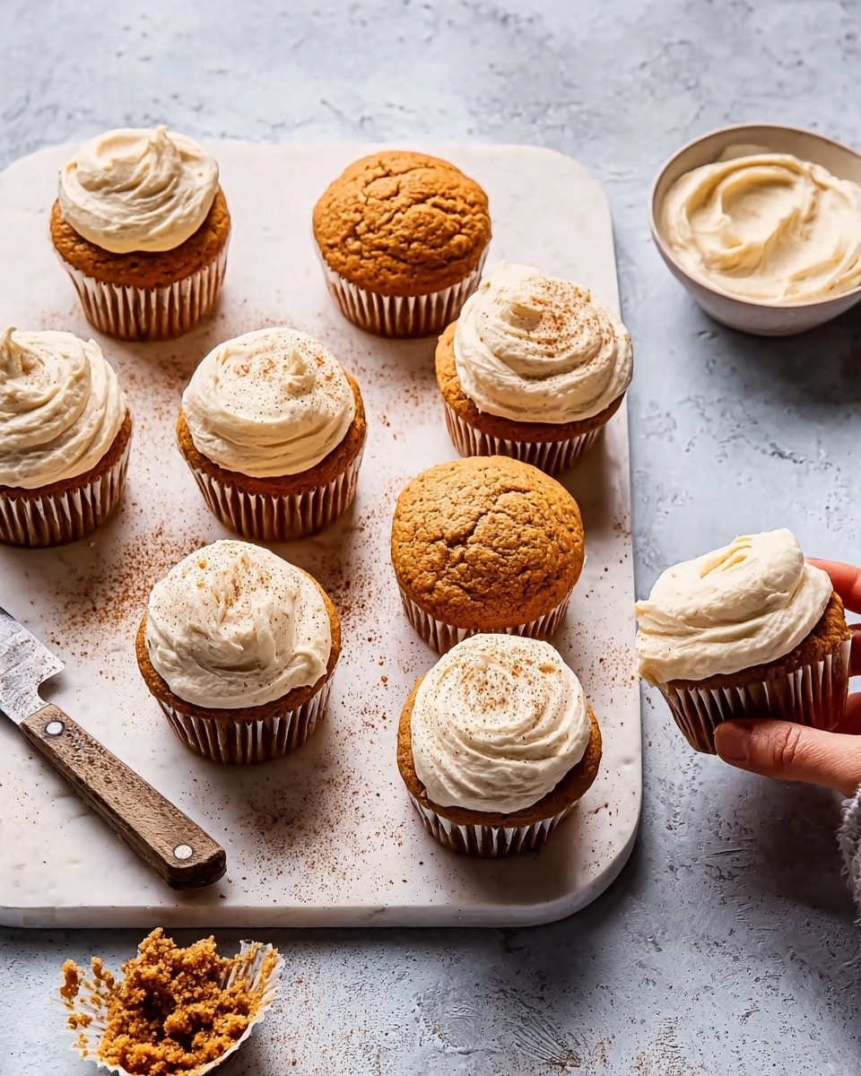 A white wooden board holds eight brown muffins, four of which have a thick layer of light beige frosting sprinkled with fine brown powder on top. The unfrosted muffins reveal a soft, crumbly texture with a warm golden-brown color. In the center of the board, there is a small white bowl filled with creamy, pale frosting. The board is placed on a white marbled surface, and some brown powder is scattered lightly around the muffins and bowl. A woman's hand holds a knife nearby and some muffins are stacked on a white plate in the background. Photo taken with an iphone --ar 4:5 --v 7