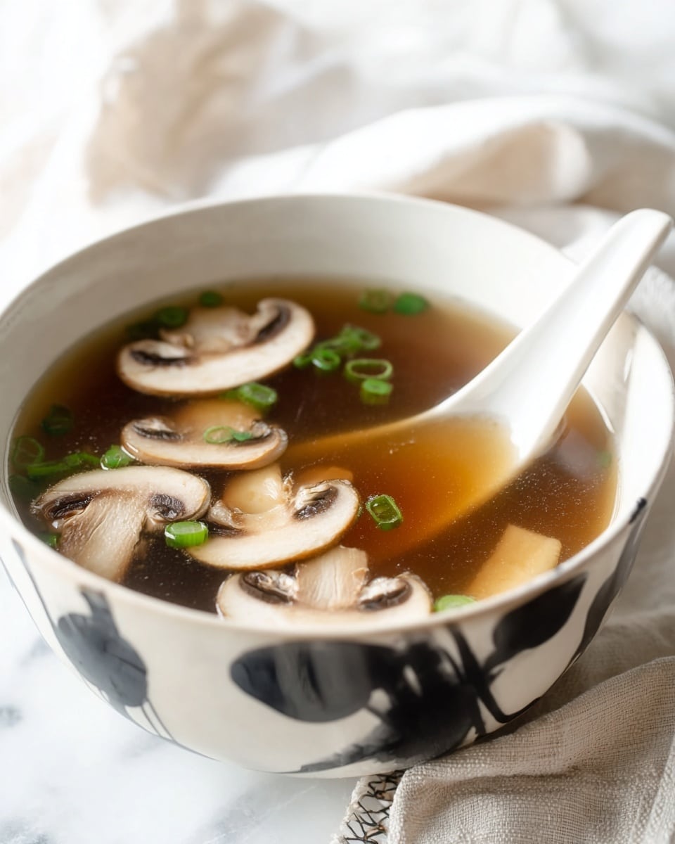 A white bowl with black abstract lines on its edge is filled with clear brown broth. Floating on top are several thin, pale beige mushroom slices with darker gills visible. Small bright green chopped scallions are scattered between the mushrooms, adding a hint of color. A white ceramic spoon is partially dipped into the broth on the right side of the bowl. The bowl sits on a white marbled surface with a soft white cloth with a black stitched edge nearby. photo taken with an iphone --ar 4:5 --v 7