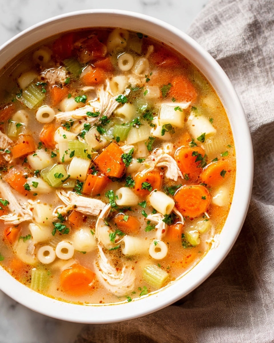 A white bowl filled with clear broth soup showing several layers of ingredients: large round slices of bright orange carrots, small round pasta pieces that are pale yellow, light green celery slices with a curved shape, white potato cubes, and shredded light brown cooked meat mixed evenly throughout. Small green herb pieces are sprinkled on top along with small black pepper specks, all floating in the glossy broth. The bowl rests on a white marbled surface with part of a gray cloth napkin visible on the side. photo taken with an iphone --ar 4:5 --v 7