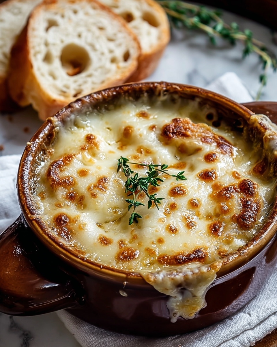 A close-up view of a single layer of onion soup inside a round brown bowl with a handle, topped with a thick layer of melted cheese that is golden brown and bubbly in places, garnished with a small sprig of fresh green thyme in the middle. Behind the bowl, there are two slices of toasted white bread with open holes, placed on a white cloth. The setting is on a white marbled surface. Photo taken with an iphone --ar 4:5 --v 7