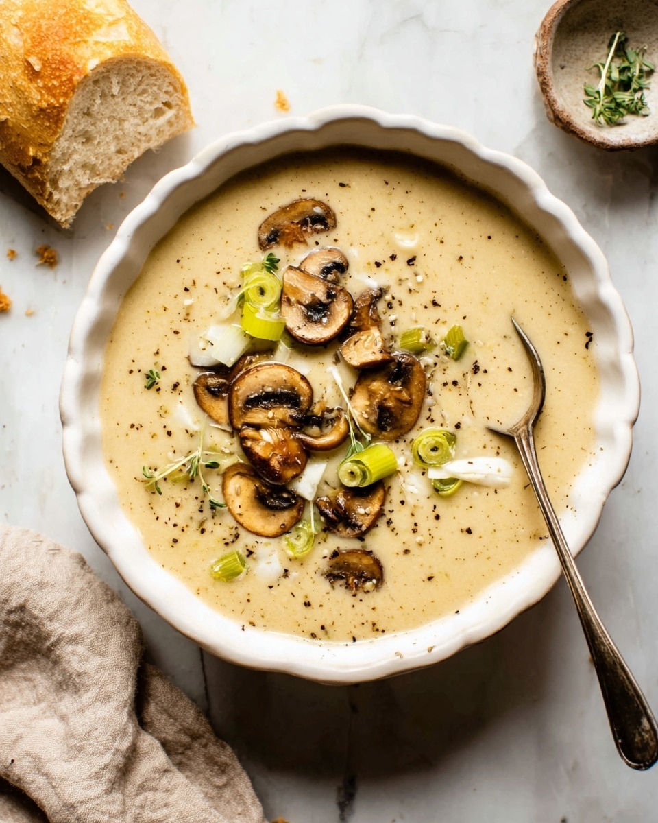 A white scalloped bowl filled with creamy beige soup, topped with sliced mushrooms that are brown with light tan interiors, small green slices of leek, and thin white slivers of onion. The soup surface has small black pepper spots scattered across it. A spoon rests inside the bowl on the right edge. The bowl sits on a white marbled surface with a piece of light brown bread on the left and a beige cloth napkin on the right side. Photo taken with an iphone --ar 4:5 --v 7
