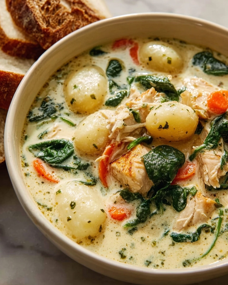 A close-up of a creamy stew in a white bowl with chunks of cooked chicken on top, surrounded by wilted dark green spinach leaves and orange carrot slices, mixed in a thick, pale yellow broth with a sprinkle of black pepper. The bowl sits on a white marbled surface, and a woman's hand holding a spoon is partially visible. photo taken with an iphone --ar 4:5 --v 7