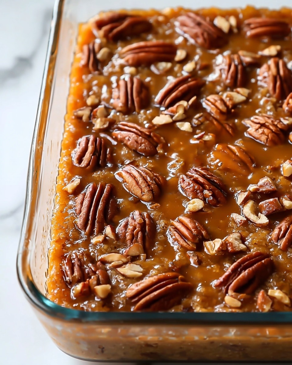 A close-up image of a baked dish in a clear glass rectangular pan with a visible two-layer texture. The bottom layer is a golden-brown crust, firm and slightly rough, covering the entire base. The top layer is a rich, amber caramel-colored filling that looks sticky and shiny, spread evenly across the dish. Scattered generously over the top are whole and broken pecan nuts, dark brown with a smooth, slightly ridged surface. The pan is placed on a white marbled surface. Photo taken with an iphone --ar 4:5 --v 7