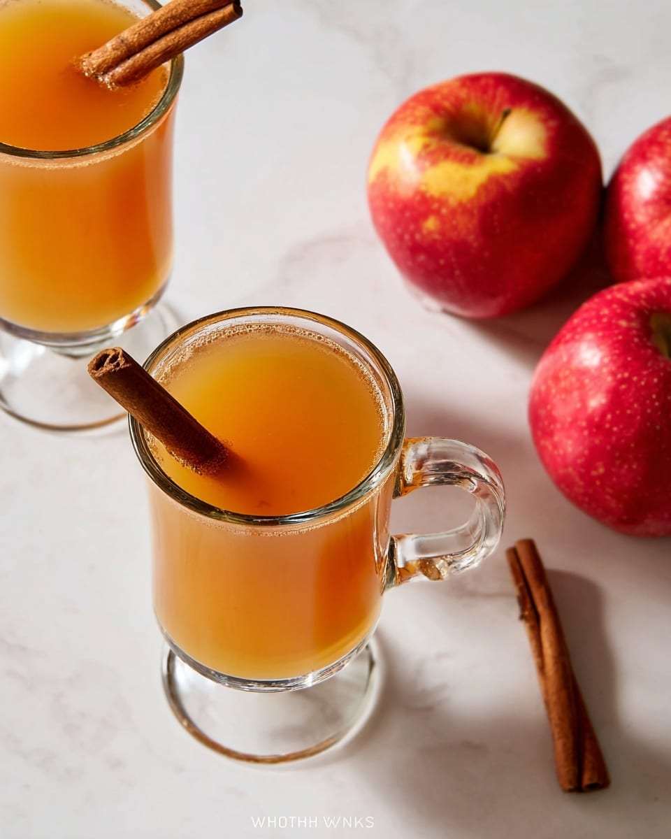 The image shows two clear glass mugs filled with a golden-orange liquid, each garnished with two cinnamon sticks resting on the rim. The mugs are placed on a white marbled surface with three bright red apples arranged near the top right corner. A small piece of cinnamon stick is also visible on the surface near the bottom right. The lighting highlights the warm, cozy feel of the drink and the shiny texture of the apples. The photo taken with an iphone --ar 4:5 --v 7