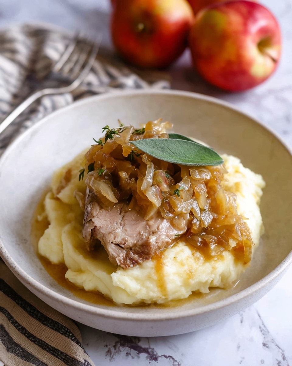 A white bowl holds a dish with three layers: at the bottom is a soft, creamy mashed potato layer in pale yellow, followed by a thick slice of cooked meat with a light brown color placed on top, and finally a chunky, golden-brown sauce with visible pieces of onions and herbs spooned over the meat. The bowl rests on a white marbled surface, and in the background, there are two whole red apples and one apple cut in half showing its pale yellow inside and seeds. The photo taken with an iphone --ar 4:5 --v 7