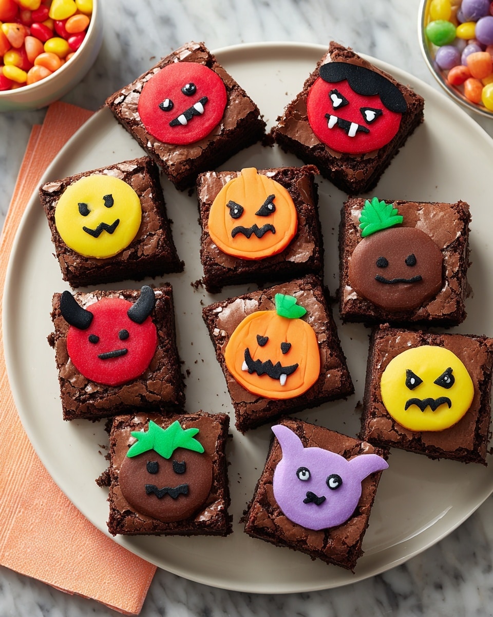 There are nine square chocolate brownies on a white plate with a smooth surface. Each brownie has a flat, cracked chocolate top layer with a colorful round fondant face placed in the center. The fondant faces come in orange, red, yellow, and purple colors with different emoji expressions made of black and red icing, including smiles, frowns, sunglasses, and heart eyes. One brownie has a woman's hand reaching toward it from the side. The plate is on a white marbled table with a gray cloth partially visible beneath it. Photo taken with an iphone --ar 4:5 --v 7