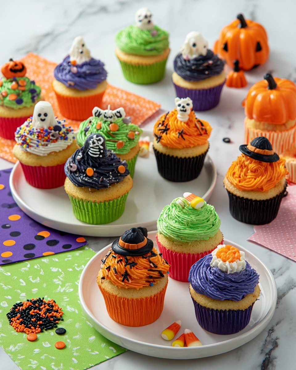 The image shows many small cupcakes with colorful frosting and Halloween decorations arranged on three white plates and some Halloween-themed napkins on a white marbled surface. The cupcakes have one layer each with vanilla cake bases. The frosting colors vary: orange, green, purple, and black, with different textures like swirled, smooth peaks, and ridged green frosting. Some cupcakes are topped with sugar decorations shaped like ghosts, pumpkins, skeletons, bats, and candy corns, while others have small round sprinkles in orange, white, black, and purple scattered on the frosting and surface. Each cupcake wrapper is brightly colored in shades of red, green, purple, and black. The setting is bright, festive, and playful with a mix of Halloween orange and green themes. Photo taken with an iphone --ar 4:5 --v 7