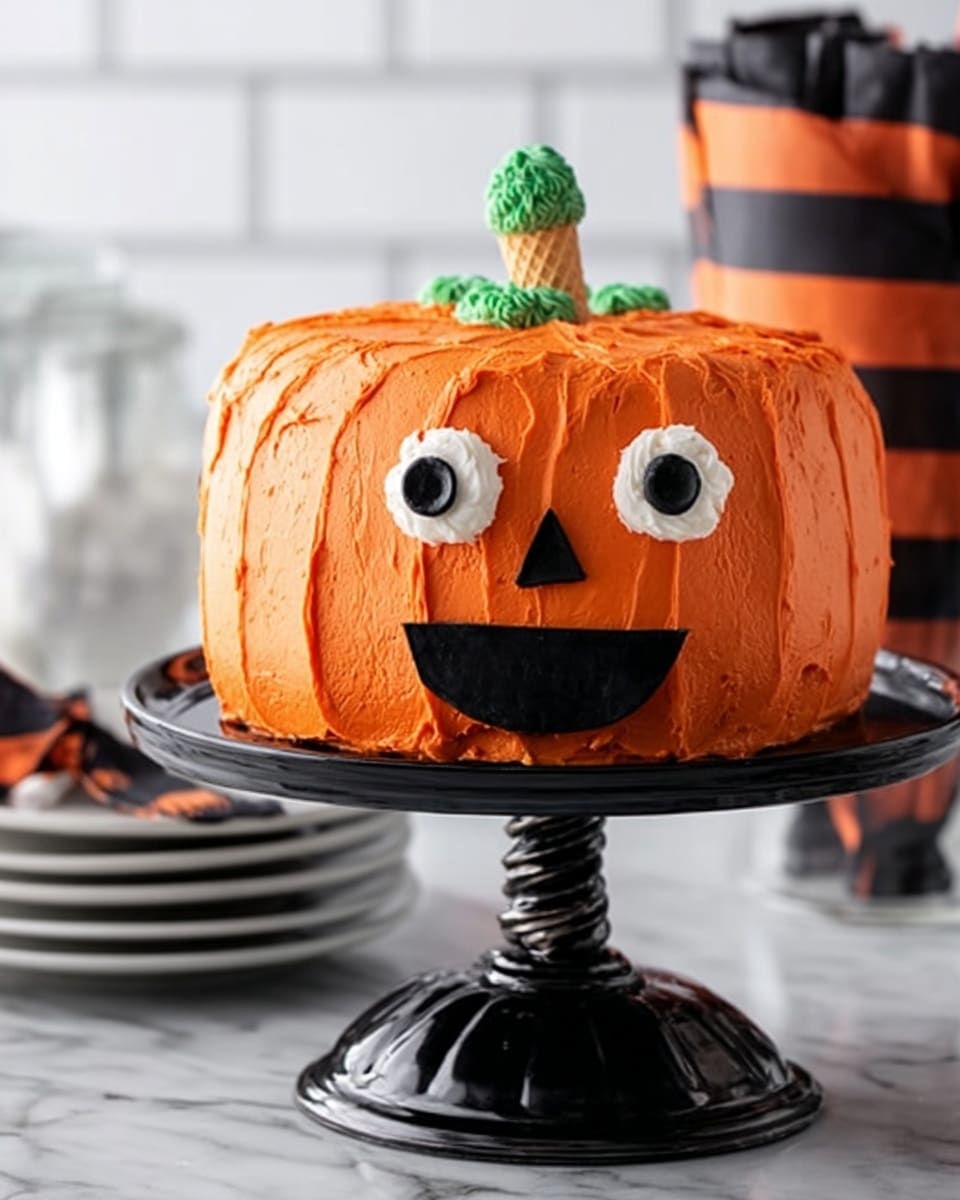 The image shows a round cake shaped like a bright orange pumpkin with smooth orange frosting that creates vertical ridges around it, simulating pumpkin texture. On top, there is a green ice cream cone acting as the pumpkin stem. The cake has two large white round eyes with black pupils placed near the top front, a black triangular nose below the eyes, and a wide, black smiling mouth with a small tongue shape. The cake is placed on a black twisted cake stand on a white marbled surface. In the background, there are white plates stacked and a jar decorated with a black and orange ribbon tied in a bow. Photo taken with an iphone --ar 4:5 --v 7