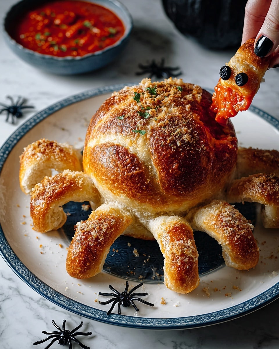A spider-shaped bread dish is placed on a white plate with a raised rim, set on a white marbled surface. The center body is a round, shiny golden-brown bread bowl filled with bright red chunky tomato sauce. Around it, eight twisted bread legs covered with grated cheese spread out evenly, curving slightly upward and textured with a crisp, toasted surface. At the front of the body, a smaller round bread piece with a glossy brown finish serves as the head, featuring two black olive slices for eyes and a small piece of black olive for the mouth. A woman's hand with black nail polish is dipping one of the bread legs into the tomato sauce. Photo taken with an iphone --ar 4:5 --v 7