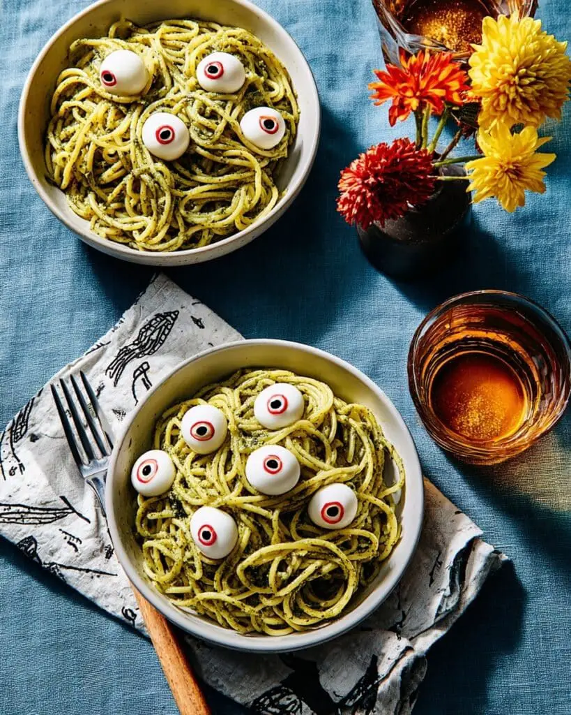 Pesto Spaghetti with Mozzarella Eyeballs Recipe
