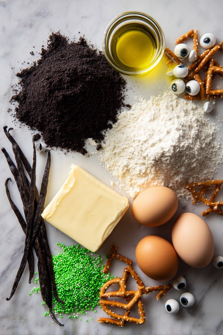 Flat lay of rich, dark Devil’s Food cake mix powder in a small mound, two large brown eggs with smooth shells, a small glass jar of golden canola oil catching light, soft pale yellow unsalted butter block, fluffy white powdered sugar softly spilled beside it, fresh vanilla bean pods with glossy black seeds visible, vibrant green sprinkles glistening next to round candy eyeballs with white and black details, crunchy golden pretzel sticks broken in half, all neatly arranged with contrasting colors and textures, placed on white marbled surface, photo taken with an iphone --ar 2:3 --v 7 - Cauldron Cookie Cups, Halloween Cookie Cups, Spooky Cookie Desserts, Edible Witch Cauldrons, Festive Halloween Treats
