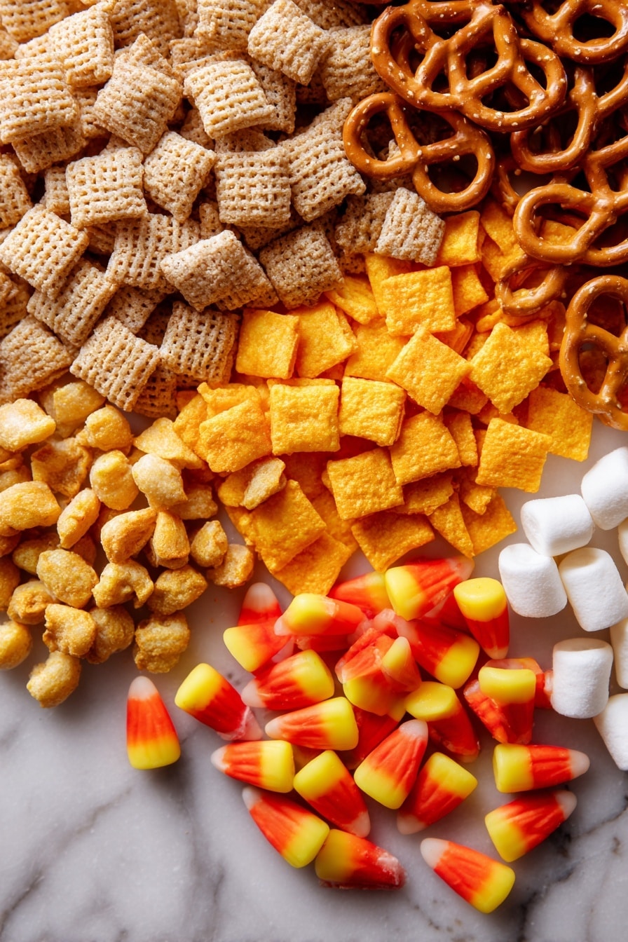 Flat lay of golden peanut butter corn cereal squares with a crunchy texture, light brown wheat cereal squares with a subtle sheen, tiny twisted mini pretzels in warm brown tones, bright orange cheddar cheese crackers with a slightly rough surface, glossy honey nut o’s cereal in soft golden hues, small white fluffy mini marshmallows, vibrant yellow and orange candy corn with smooth candy coating, and colorful peanut butter candy pieces in shades of red, orange, and yellow, all naturally scattered and overlapping in a casual, inviting way, placed on white marbled surface, photo taken with an iphone --ar 2:3 --v 7 - Sweet and Salty Fall Snack Mix, fall snack mix, easy fall snack ideas, cozy autumn snacks, homemade fall trail mix