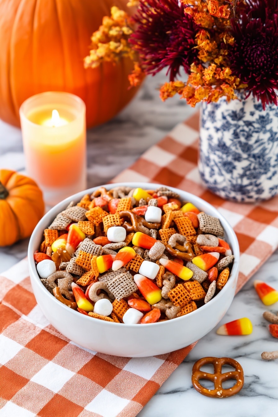 Two clear glass jars with wooden lids are filled with a mix of small snack pieces. Inside the jars, there are orange, yellow, and white candy pieces, small white soft chunks, brown pretzels, square orange crackers, and light brown cereal squares mixed with textured brown chips. One jar stands on a white marbled surface near the lower right side, while a second jar is held by a woman's hand on the left side. Behind the jars, there is a white vase with blue floral patterns holding a bouquet of colorful flowers in shades of red, orange, green, and purple. The background is softly blurred, with warm and cozy tones. photo taken with an iphone --ar 2:3 --v 7 - Sweet and Salty Fall Snack Mix, fall snack mix, easy fall snack ideas, cozy autumn snacks, homemade fall trail mix