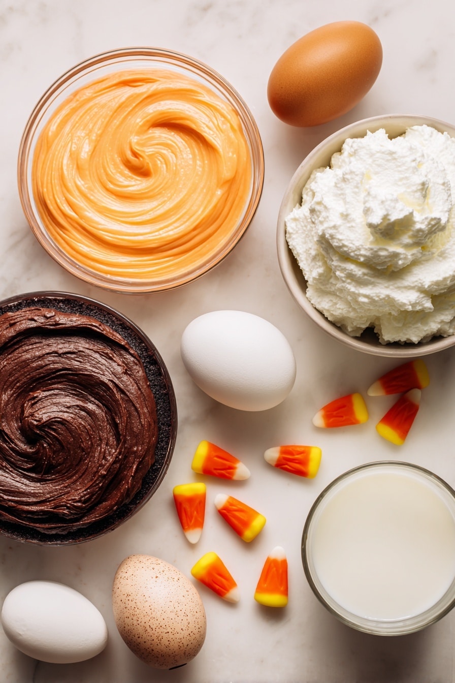 Flat lay of bright orange tinted cupcake batter swirled in small dollops, rich dark chocolate cake batter with a deep brown color and glossy texture, vibrant orange paste food coloring in a small smear, plump golden-yellow and orange candy corn pieces with smooth shiny surfaces, fluffy white frozen whipped topping with soft peaks, two large brown-speckled eggs, a smooth white carton of sour cream with creamy texture visible, and a small glass of pale 2% milk showing its cool freshness, all beautifully arranged with natural shadows and highlights, placed on white marbled surface, photo taken with an iphone --ar 2:3 --v 7 - Chocolate Candy Corn Cupcakes, Halloween cupcakes, Fall dessert ideas, festive cupcake recipes, easy chocolate cupcake recipe