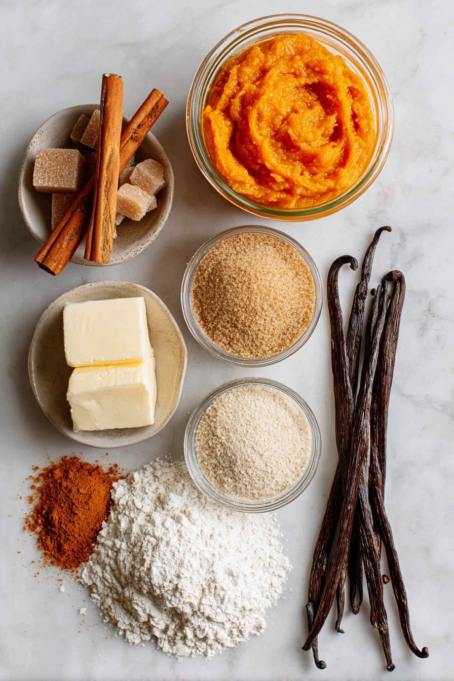 Flat lay of vibrant orange pumpkin puree in a small glass jar, soft golden vegan butter blocks with creamy texture, warm brown sugar crystals in a small pile, bright white powdered sugar dusted lightly, rich cinnamon sticks with reddish-brown tones, a scattering of pumpkin pie spice powder in soft earthy hues, pale beige all-purpose flour forming a small mound, and smooth vanilla beans with shiny dark brown pods all beautifully arranged with natural spacing and soft shadows, placed on white marbled surface, photo taken with an iphone --ar 2:3 --v 7 - Soft Pumpkin Cookies with Cinnamon Frosting, pumpkin cookies, pumpkin spice cookies, fall dessert recipes, cinnamon frosting cookies