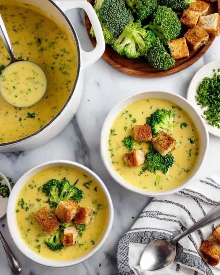 Vegan Broccoli Soup with Roasted Bread Croutons and Creamy Cashew Blend Recipe