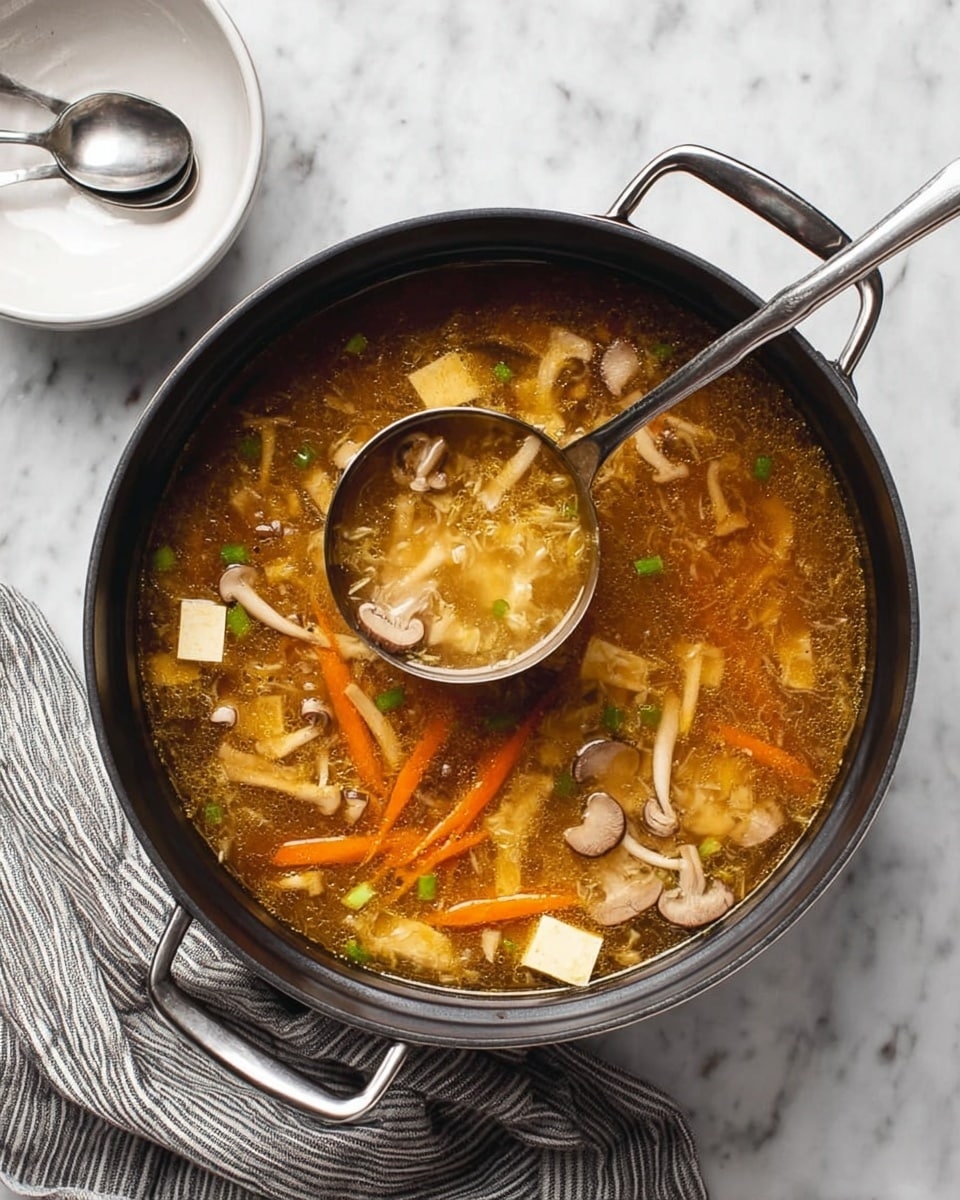 A large black pot filled with clear broth soup that has a golden brown color. Inside the soup, there are many ingredients: long thin orange carrot strips, small light yellow tofu cubes, sliced light beige mushrooms, and small green onion pieces floating on the surface. A silver ladle is resting in the pot, partially lifted, showing the soup and some ingredients inside it. To the top left, there is a white bowl with a silver spoon on a white marbled surface, and a gray and white striped cloth is draped to the bottom left of the pot. Photo taken with an iphone --ar 4:5 --v 7