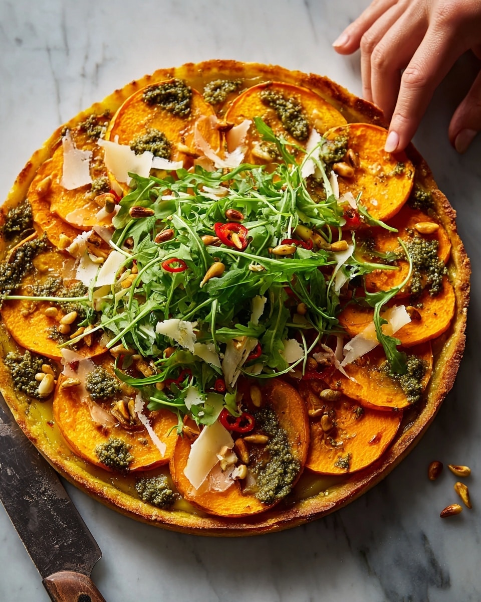 A round tart with one visible golden brown crust layer at the bottom, topped with thin, orange slices of roasted squash arranged in overlapping circles covering the entire surface except the very center. On top of the squash, there are green pesto dollops spread unevenly and small scattered pine nuts. In the center, there is a pile of fresh arugula leaves mixed with thin slices of red chili and thin translucent shavings of pale cheese. The tart is set on a white marbled surface with a knife beside it, and a woman’s hand is about to touch the tart. photo taken with an iphone --ar 4:5 --v 7