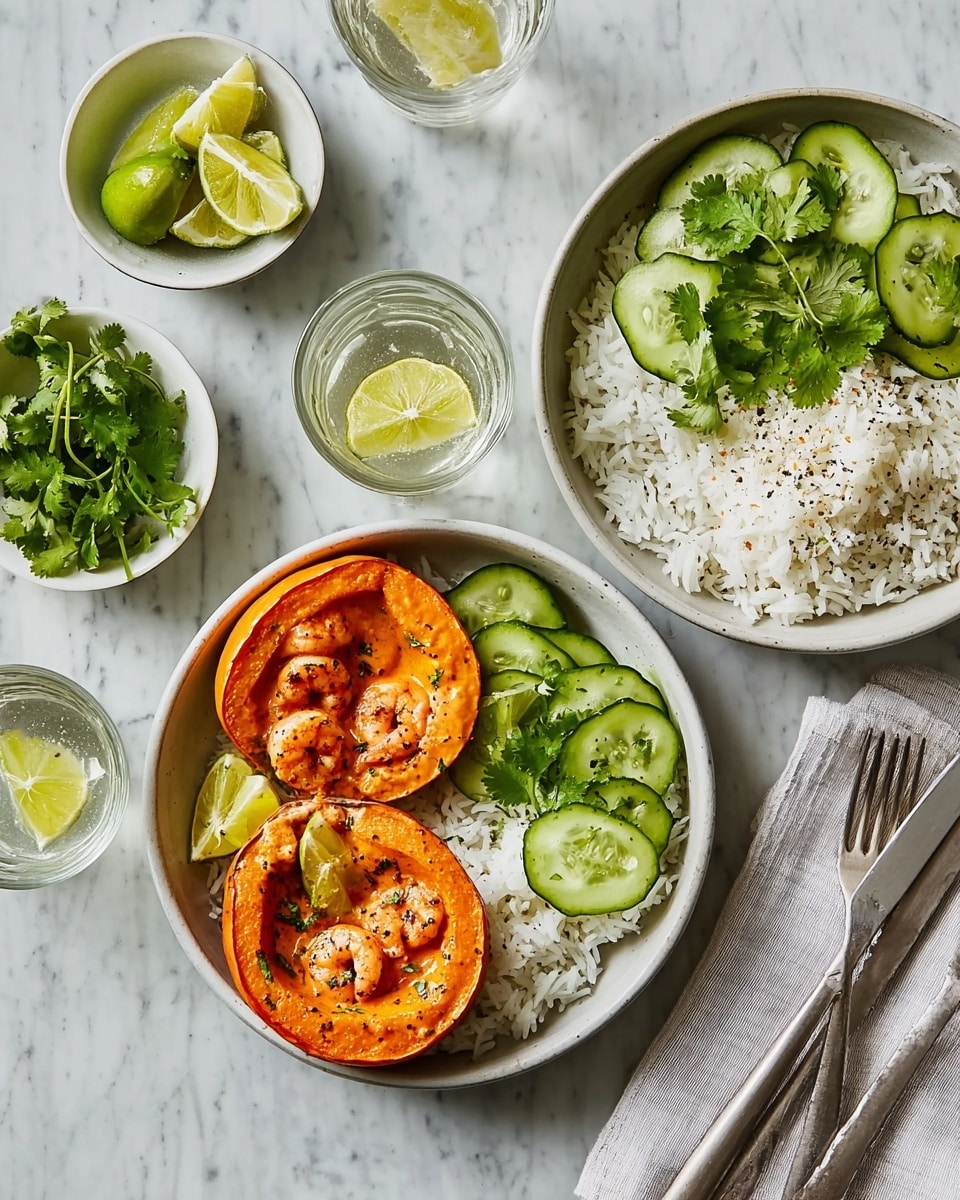 A white bowl holds a meal with three main layers: on the left, half a baked orange pumpkin filled with a creamy light orange sauce topped with several pink shrimp; in the upper right, a mound of white rice with small green cilantro leaves scattered on top; and in the lower right, thin slices of pale green cucumber lightly peppered, garnished with cilantro. Three lime wedges sit near the pumpkin filling on the rice side of the bowl. Nearby, a white marbled surface holds another bowl with lime wedges and cilantro, a small white bowl with cucumber slices, a glass of water with a lemon slice, and silver fork and knife resting on a white napkin. Photo taken with an iphone --ar 4:5 --v 7