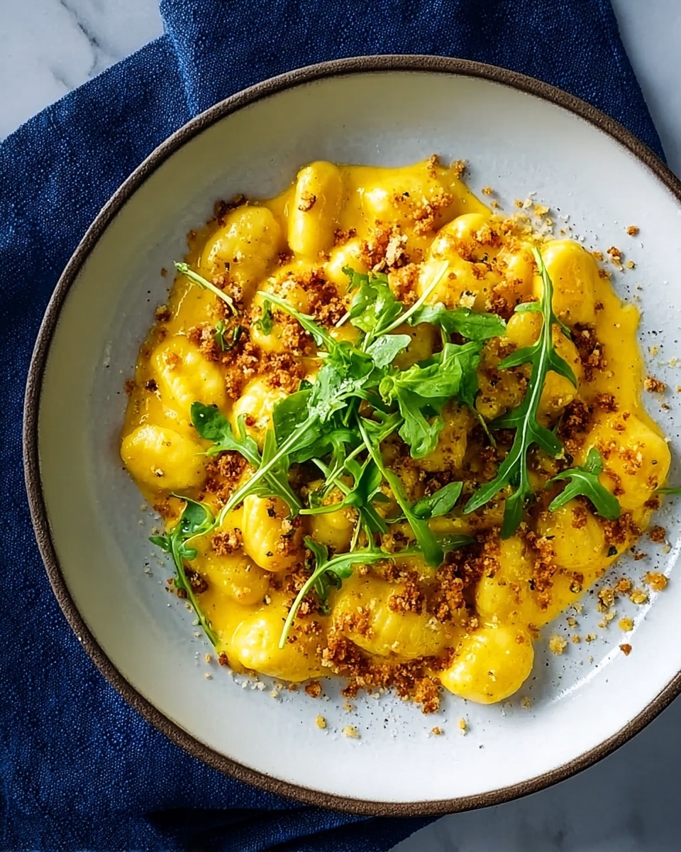 A bowl filled with about two layers of small, soft gnocchi covered in a thick, bright yellow cheese sauce with a smooth, creamy texture. The gnocchi layer is topped with light brown crispy crumbs scattered over the cheese sauce. On top, fresh green arugula leaves are placed, adding a bright leafy texture and color contrast. The bowl is white, and it sits on a white marbled surface with a blue cloth partially visible beneath it. Photo taken with an iphone --ar 4:5 --v 7